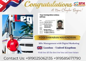 SPM best education consultancy UK student visa approval for Yogeshwaran Mahendran MSc Management with Digital Marketing in London